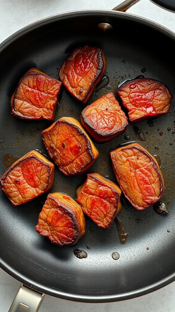 Perfectly seared steak tips in a frying pan.