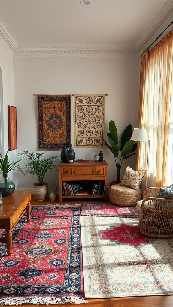 A cozy living room with layered rugs, showcasing a mix of textures and colors.