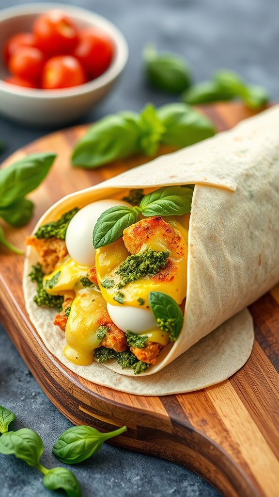 A pesto cheesy chicken wrap filled with chicken, cheese, and basil on a wooden cutting board.