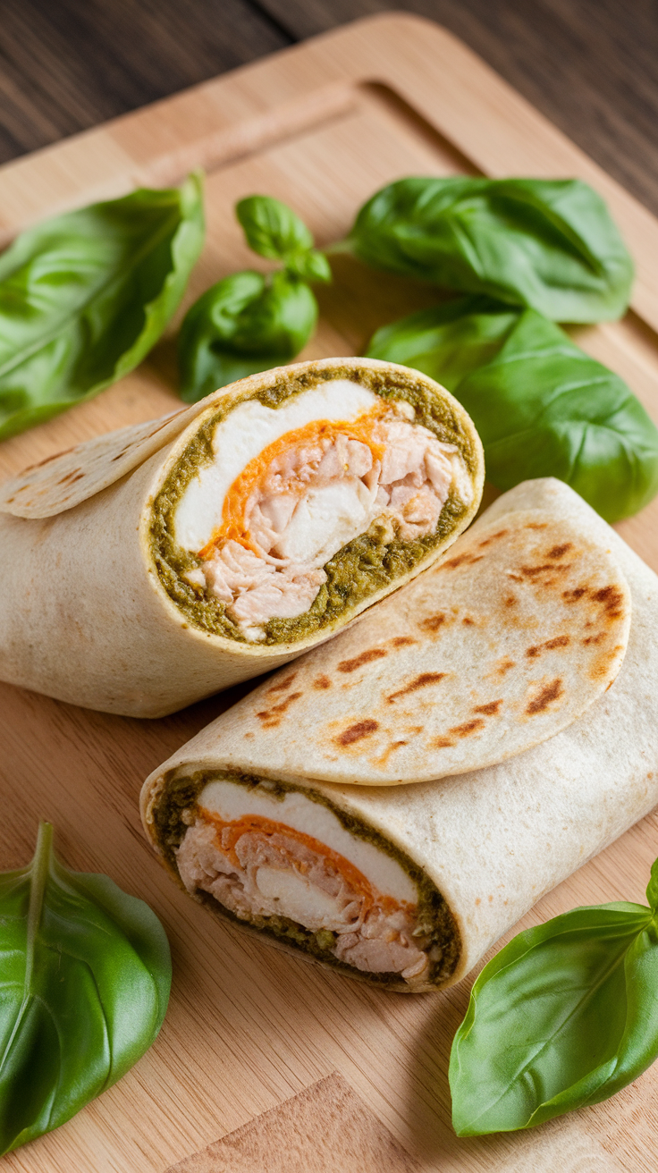 A delicious pesto chicken and mozzarella wrap cut in half, showcasing layers of chicken and cheese, surrounded by fresh basil leaves.