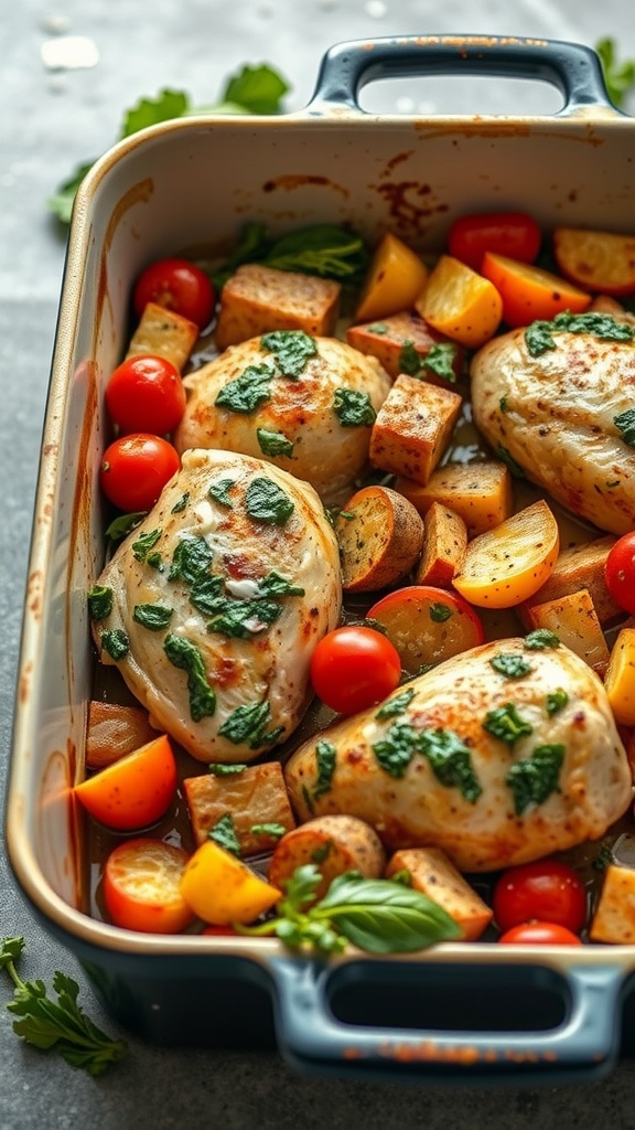A colorful dish featuring chicken breasts topped with pesto and surrounded by cherry tomatoes and potatoes in a baking dish.