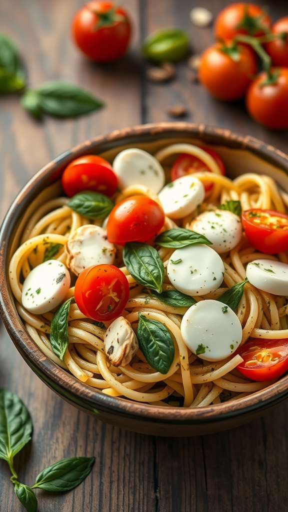 A bowl of pesto chicken caprese pasta with cherry tomatoes and mozzarella.