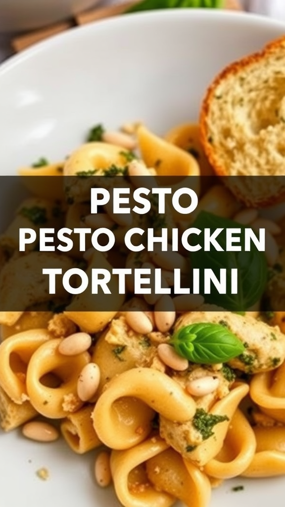 Pesto Chicken Tortellini with pine nuts and fresh basil.