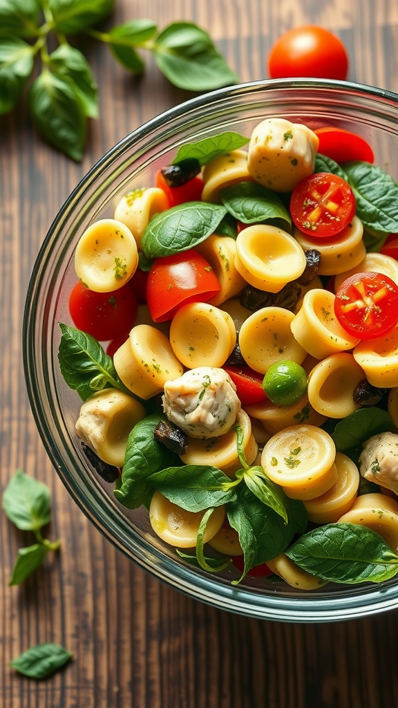 A vibrant bowl of pesto chicken tortellini salad featuring tortellini, spinach, cherry tomatoes, and basil.