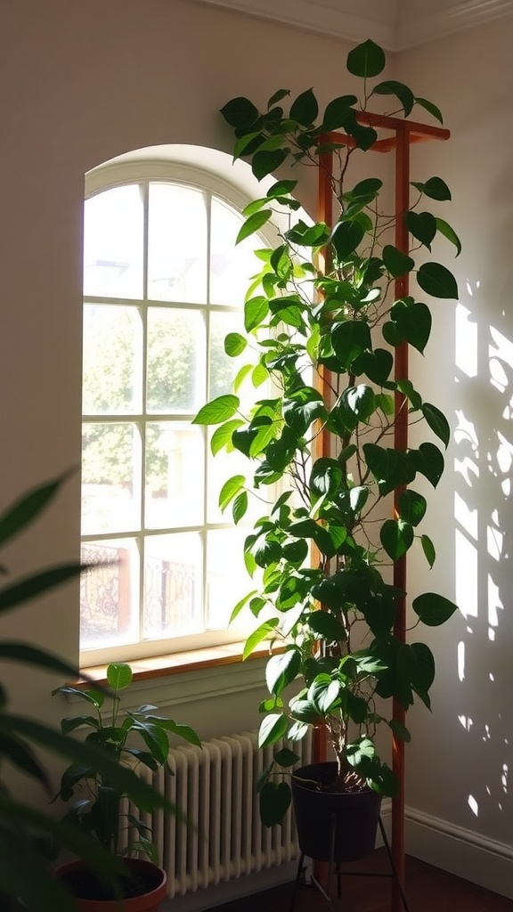 A philodendron plant growing tall next to a window, casting shadows in a well-lit room.