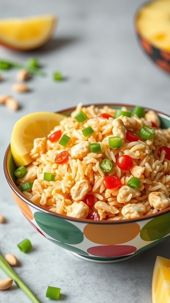 A bowl of pineapple chicken fried rice with colorful toppings and a slice of lemon.