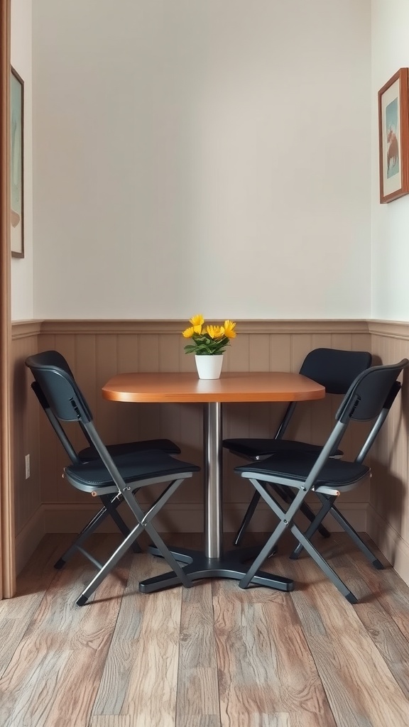 A small dining area with a round table and four portable folding chairs.