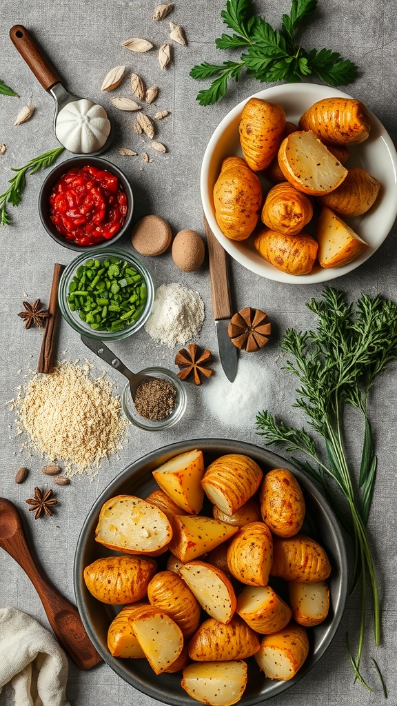 A variety of potatoes and seasonings laid out on a surface, ready for cooking.