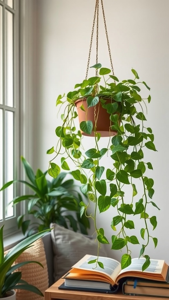 A lush pothos plant hanging in a pot, with its green vines cascading down, beside a cozy reading nook.