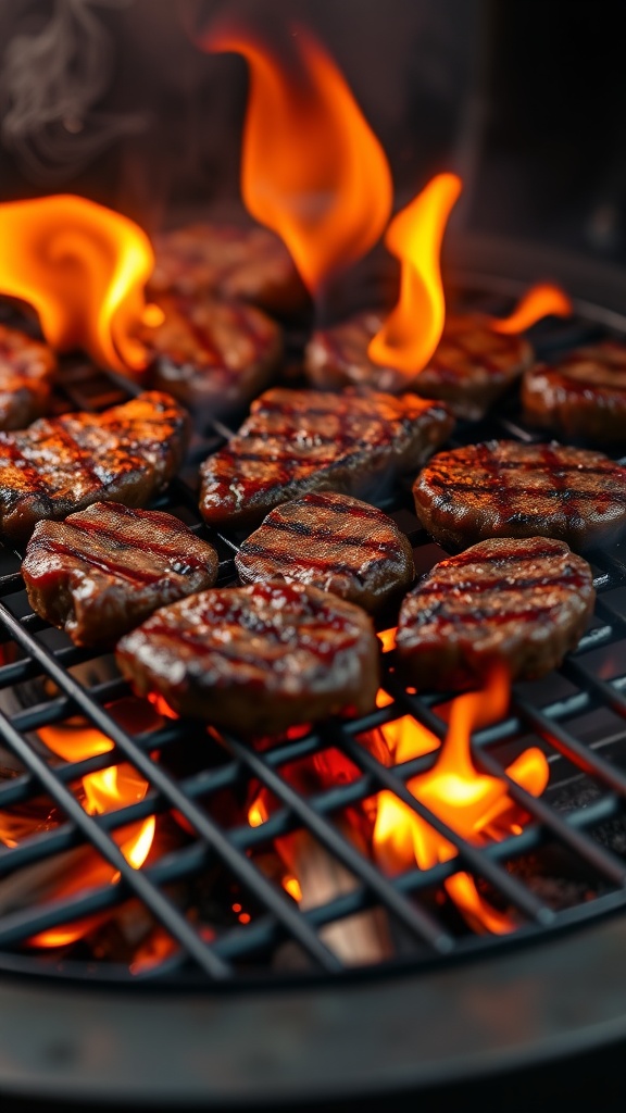 Grilled steak bites sizzling on a barbecue with flames.