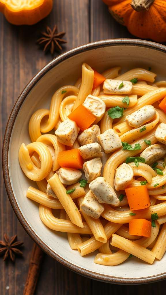 A bowl of pumpkin chicken pasta with pieces of chicken and orange pumpkin, garnished with parsley.