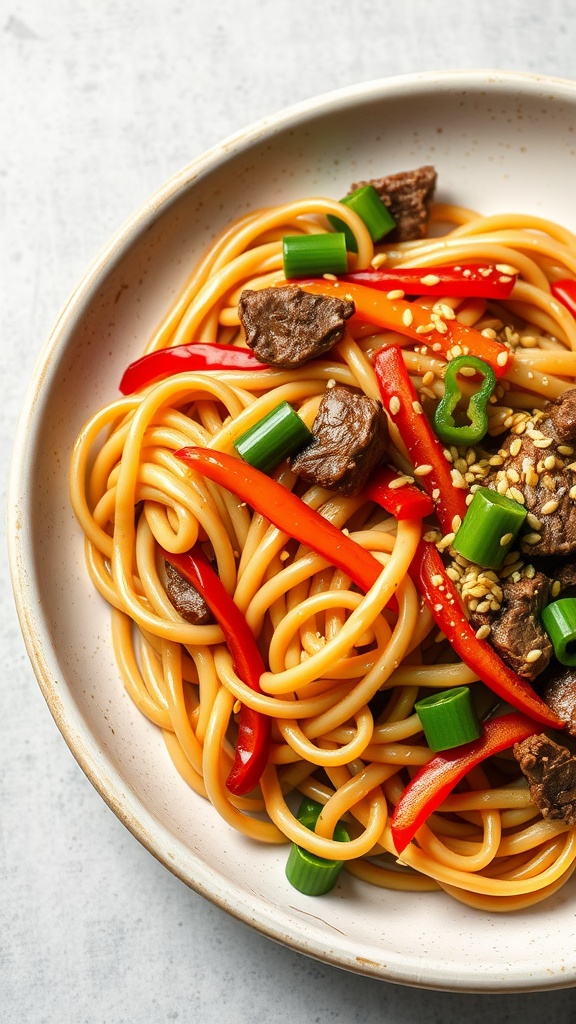 Plate of beef lo mein with noodles, bell peppers, and green onions.