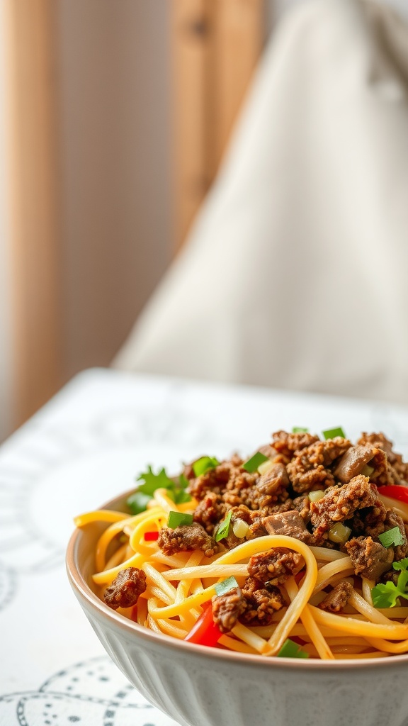 A bowl of Mongolian ground beef noodles topped with vegetables and herbs.
