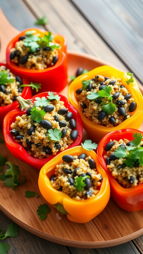 Colorful bell peppers stuffed with quinoa and black beans, garnished with cilantro.