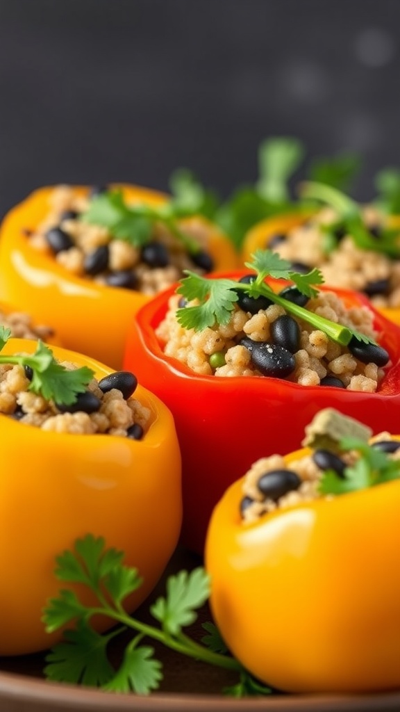 Colorful stuffed peppers filled with quinoa and black beans garnished with cilantro.