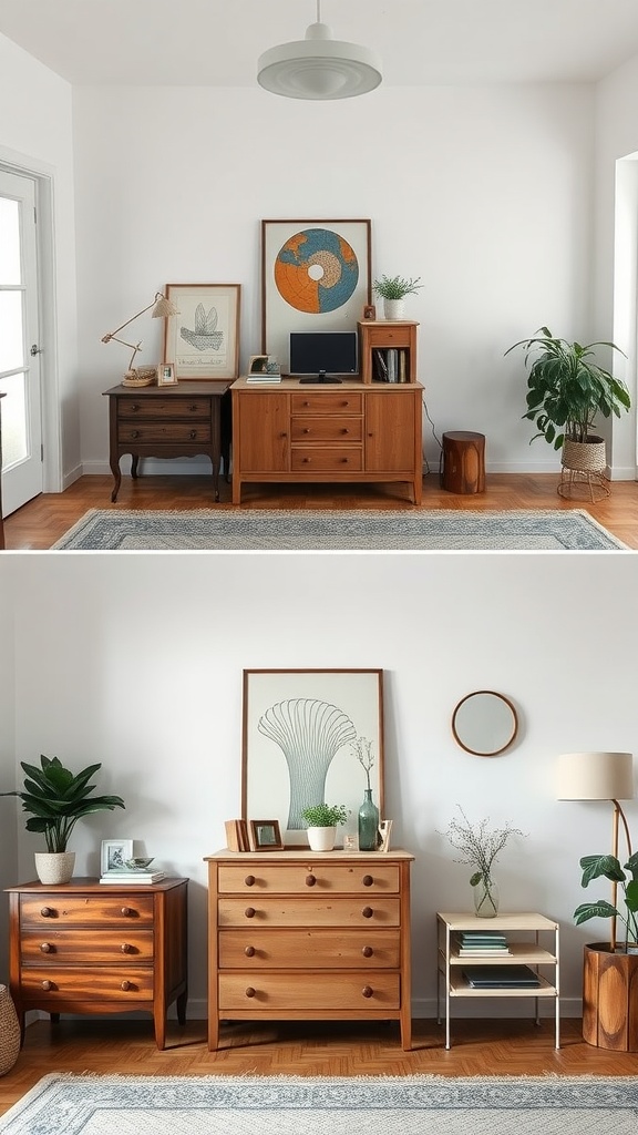 A cozy living room featuring repurposed furniture, including a wooden dresser, side tables, and decorative plants.