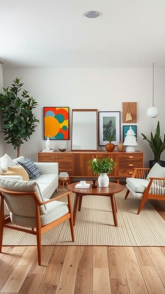 A cozy Scandinavian living room featuring repurposed vintage furniture and decor.