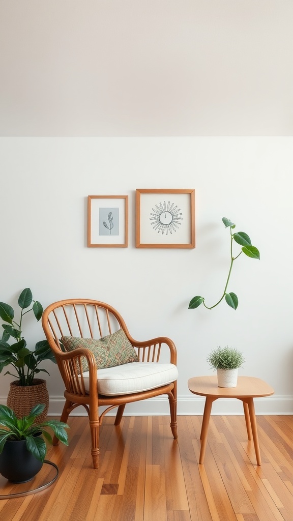 A cozy living space featuring a repurposed vintage chair and a small wooden table, surrounded by plants.