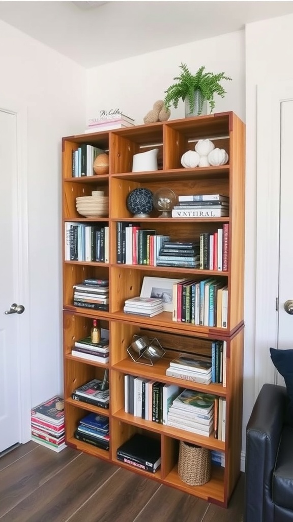 A creative shelving unit made from repurposed wine crates, displaying books and decorative items.