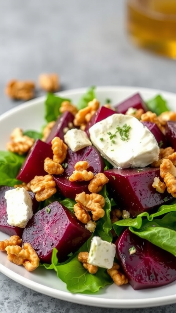 A fresh salad with roasted beets, goat cheese, walnuts, and spinach.