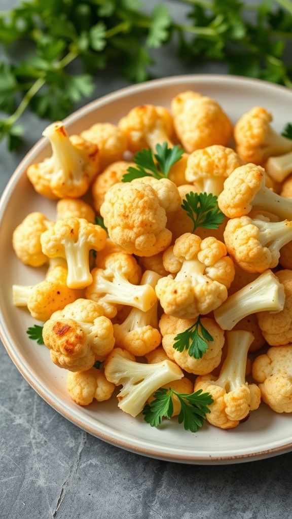 A plate of roasted garlic cauliflower florets garnished with parsley.