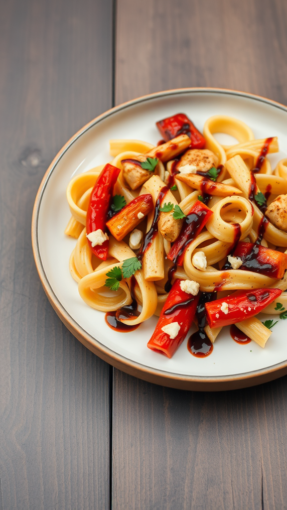 A plate of roasted red pepper chicken pasta with vibrant red peppers and garnished with herbs.