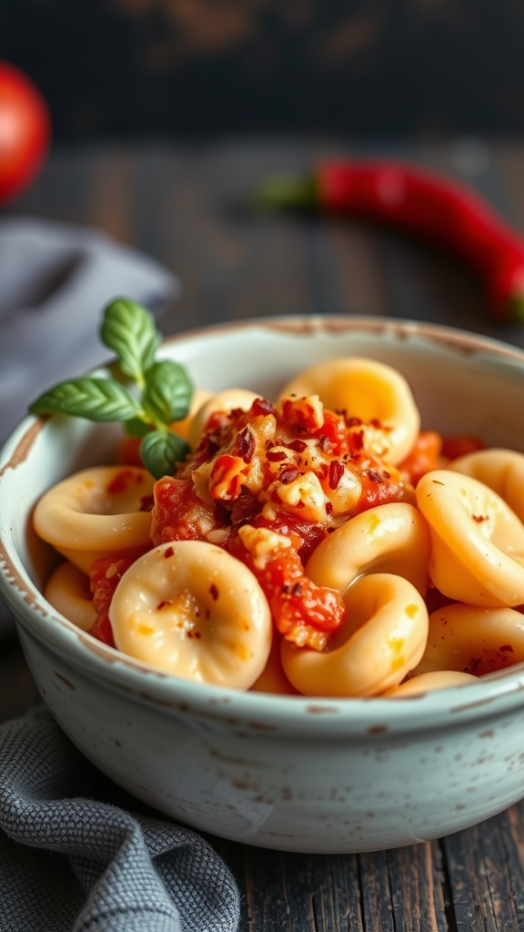 A bowl of tortellini with roasted red pepper cream sauce, garnished with red pepper strips and basil leaves.