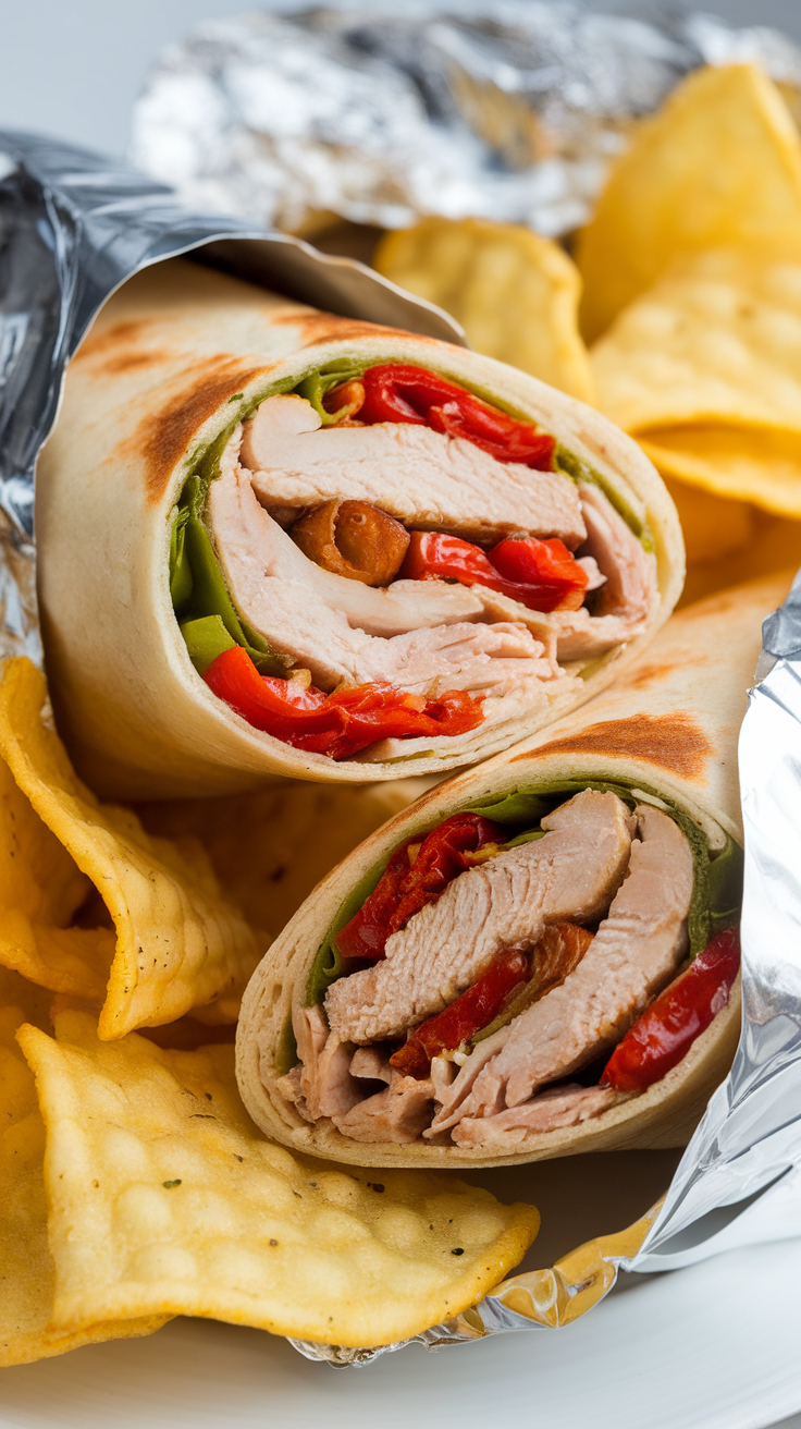 Two roasted red pepper garlic chicken wraps with chips on the side