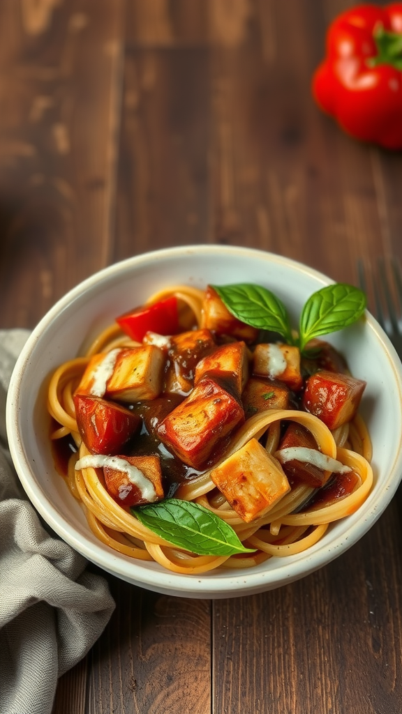A bowl of pasta with roasted chicken, red peppers, and basil on a wooden table.