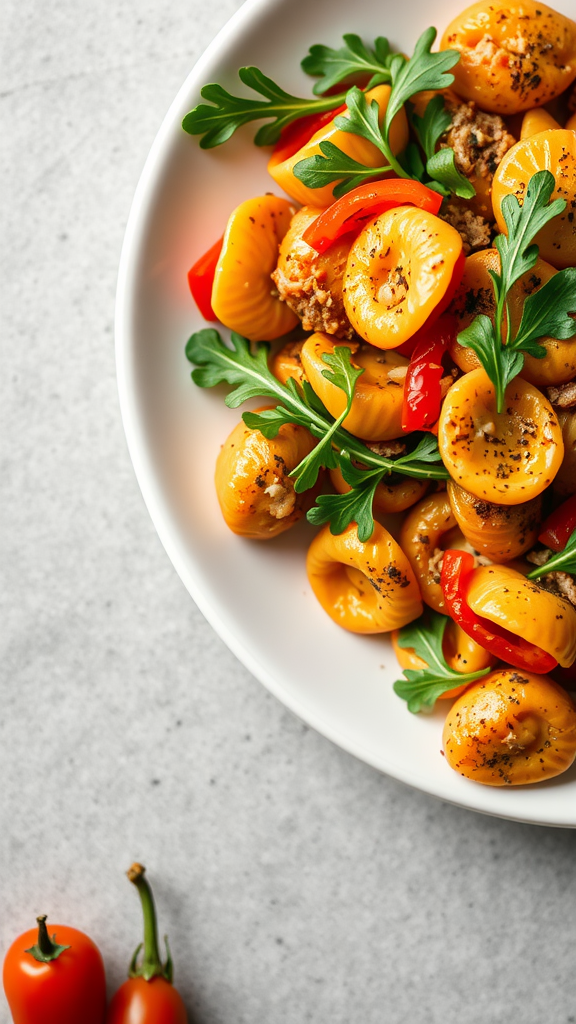 A bowl of roasted red pepper chicken tortellini garnished with greens and red peppers