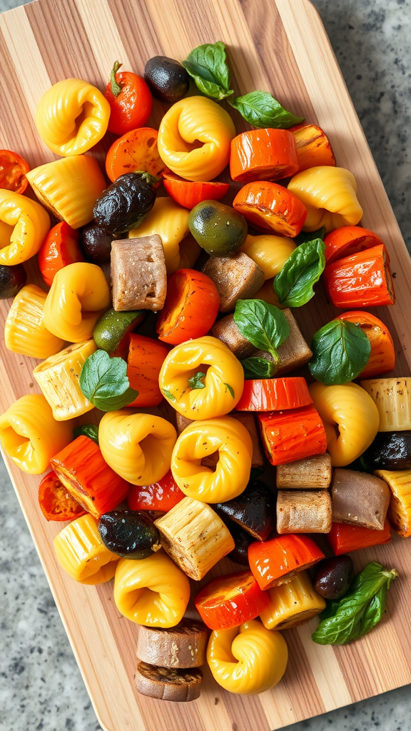 A colorful medley of tortellini and roasted vegetables on a wooden platter.