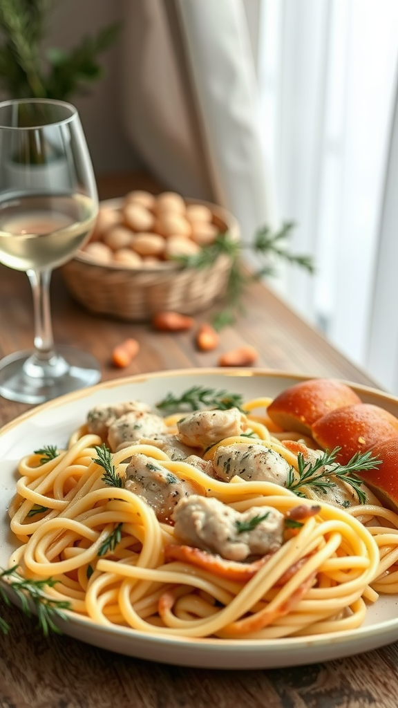 A plate of rosemary garlic chicken linguine with a glass of white wine and a basket of bread rolls in the background.