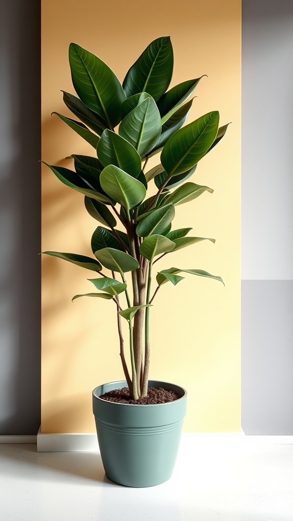 A rubber plant in a neutral pot against a colorful wall.