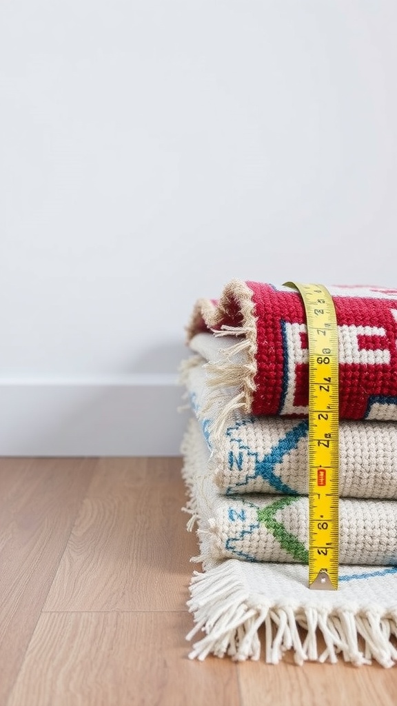 A stack of rugs with a measuring tape showing the height, emphasizing rug layering.