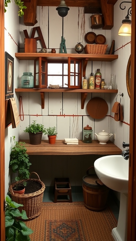 A vintage-style bathroom with wooden shelves, plants, and rustic decor.