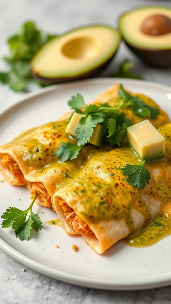Plate of Salsa Verde Chicken Enchiladas topped with cilantro and avocado slices.