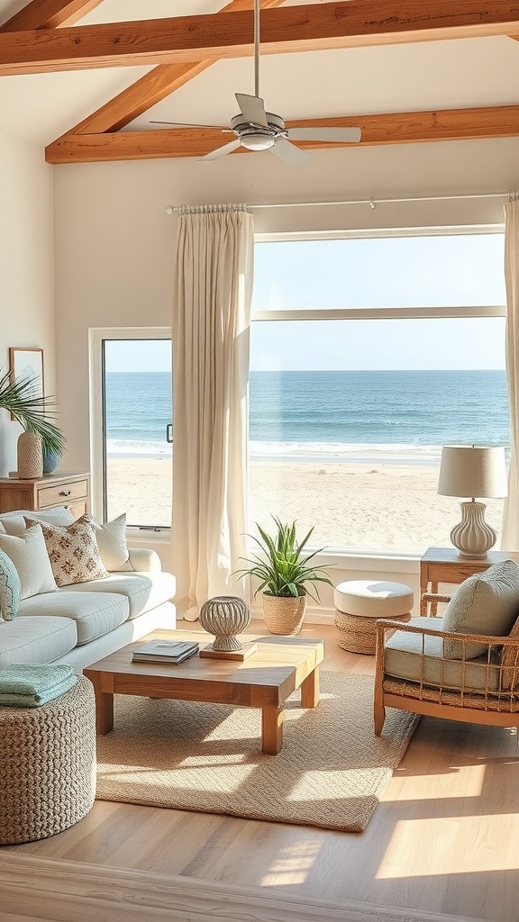 A cozy beach retreat with sandy beige tones and a view of the ocean.