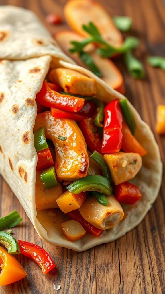 A delicious wrap filled with sautéed bell peppers and onions.