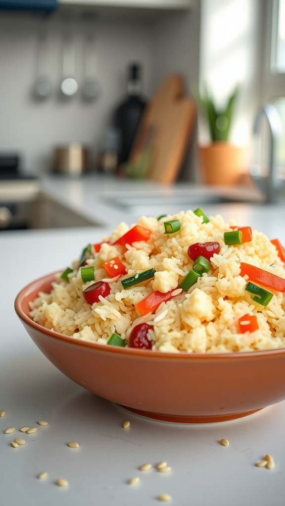 Bowl of cauliflower rice stir-fry with colorful vegetables on a kitchen counter.