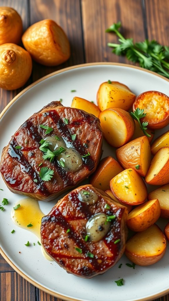 Plate of garlic butter steak bites with crispy potatoes