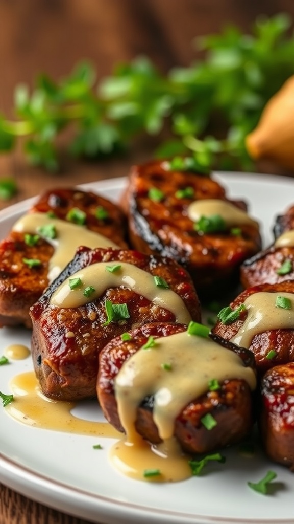 Plate of garlic butter steak bites drizzled with sauce and garnished with herbs