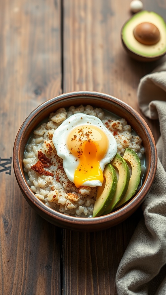 A savory oatmeal bowl with poached egg, avocado slices, and spices on a wooden table.
