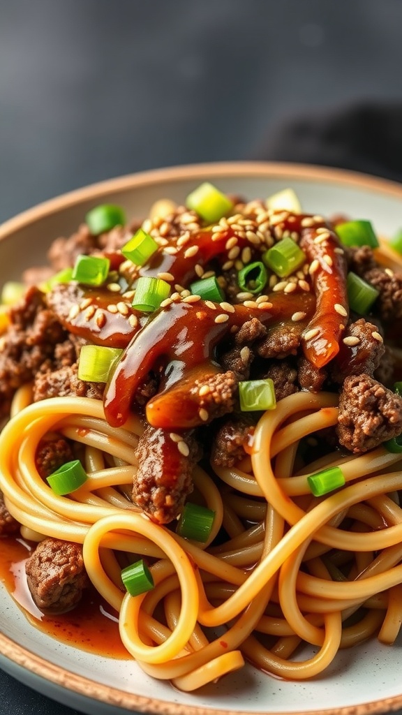 A plate of noodles topped with ground beef, sesame sauce, and green onions.