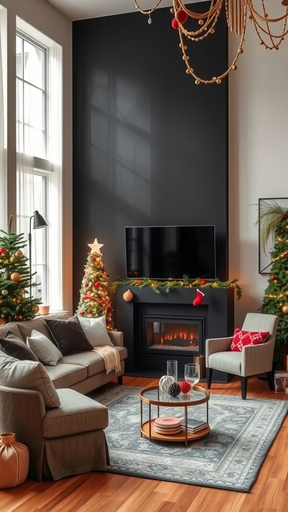 Living room with black accent wall, decorated for the holidays with Christmas trees and festive decor.