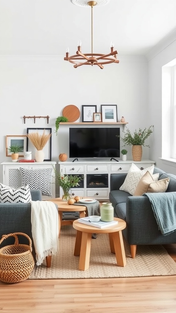 Cozy Scandinavian living room with seasonal decor, featuring comfortable seating and natural elements.