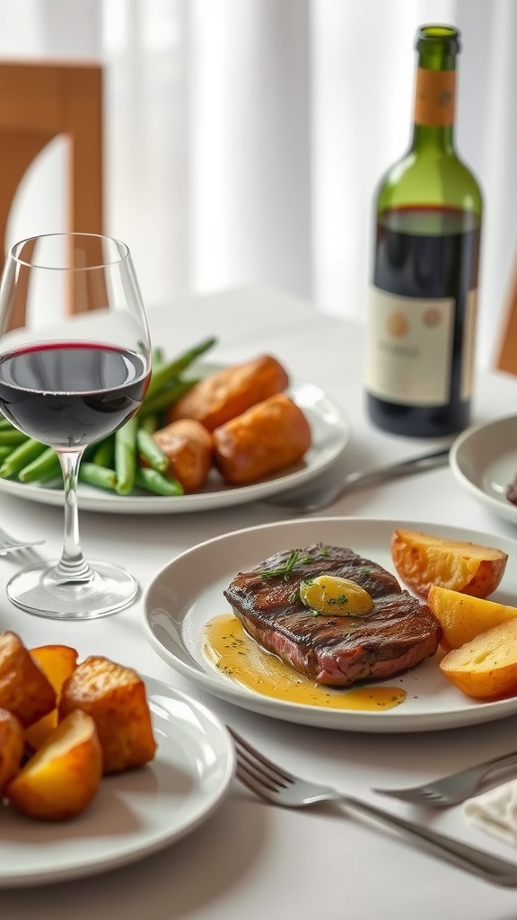 A beautifully arranged dinner plate featuring steak bites, roasted potatoes, green beans, and a glass of red wine.