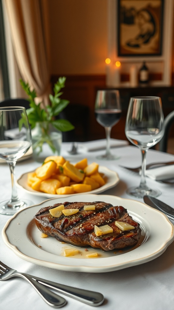 A plated garlic butter steak with potatoes, elegantly set on a dining table.