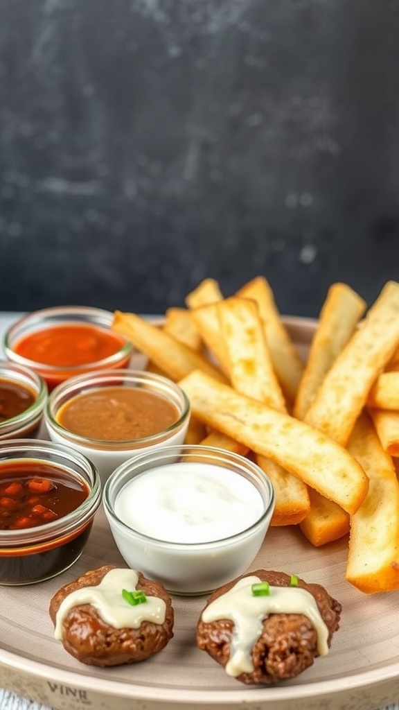 A platter featuring garlic butter steak bites, potatoes, and various dipping sauces.