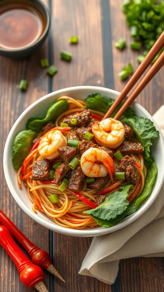 A vibrant bowl of sesame beef and shrimp noodle salad with vegetables and chopsticks.
