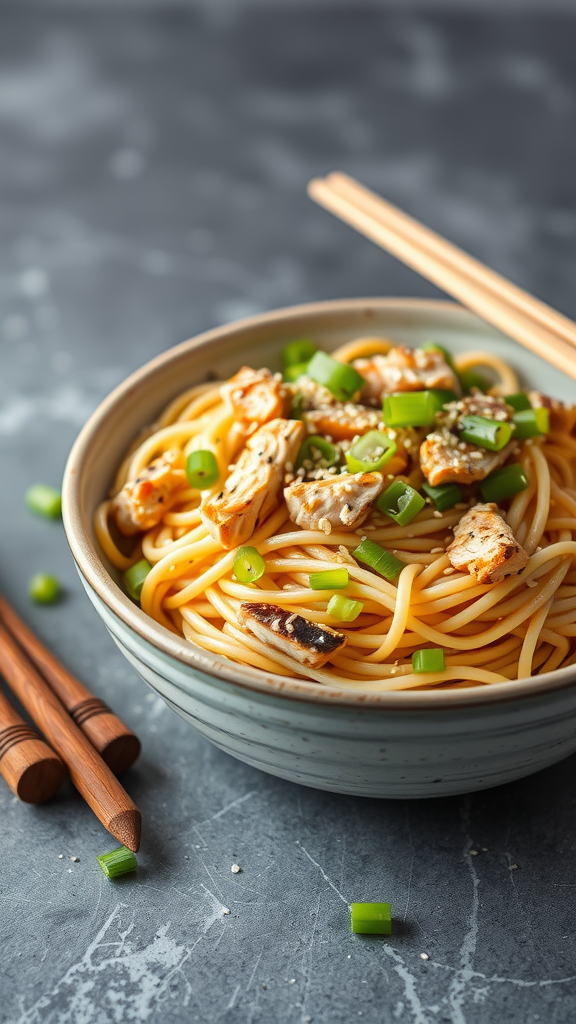 A bowl of sesame chicken noodle salad with green onions and chopsticks.